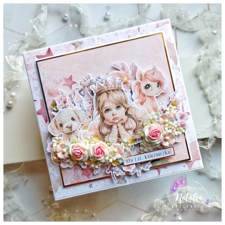 Kartka urodzinowa dla dziewczynki okiennica kwiaty do pudełka mała księżniczka