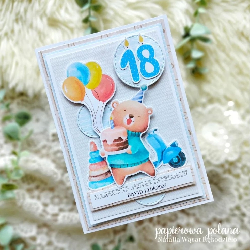 kartka urodzinowa dla chłopaka na 18 lat osiemnaste urodziny z humorem do koperty grafiki miś cyfra