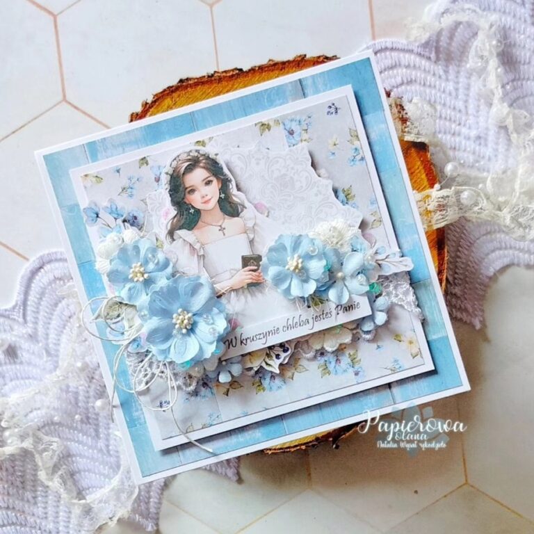 kartka komunijna dziewczynka kwiaty z bawełny grafika do pudełka