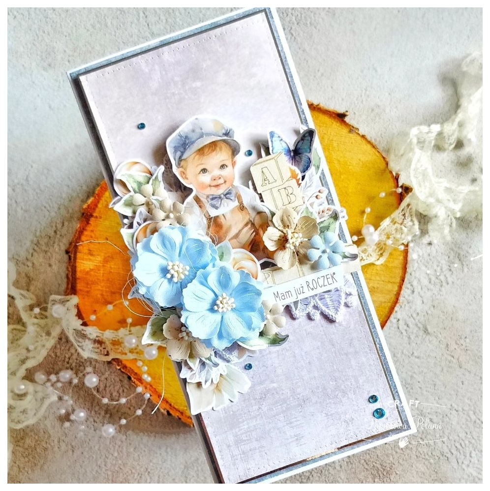 kartka urodzinowa dla chłopca do pudełka grafiki kwiaty z bawełny tekturka roczek