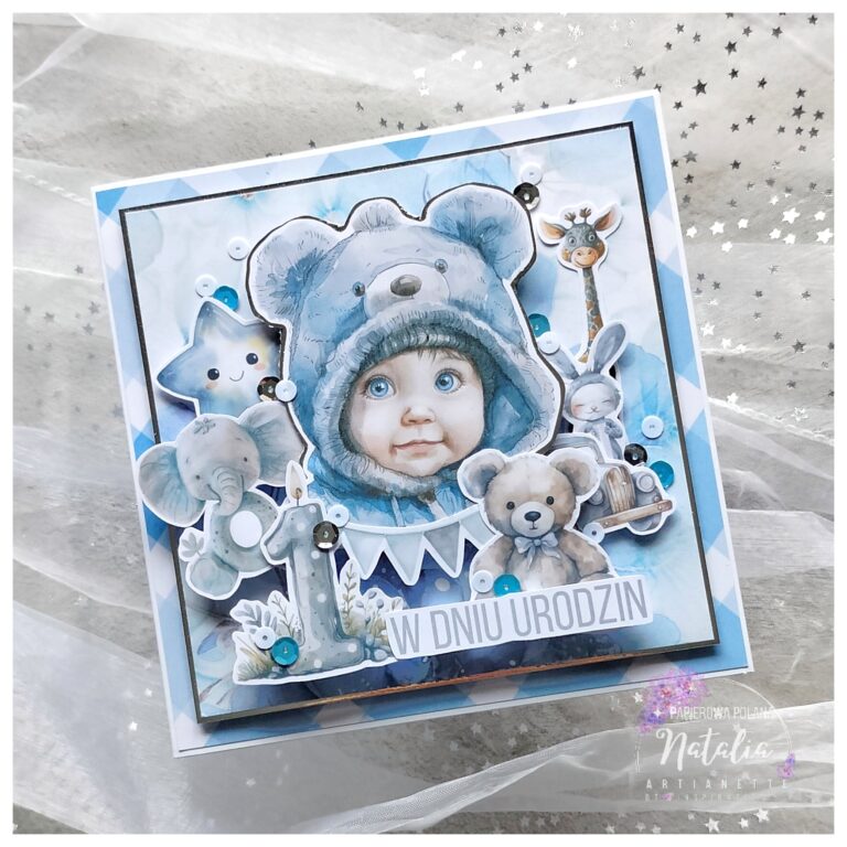 Kartka urodzinowa dla chłopca. Pierwsze urodziny. Papierowa Polana